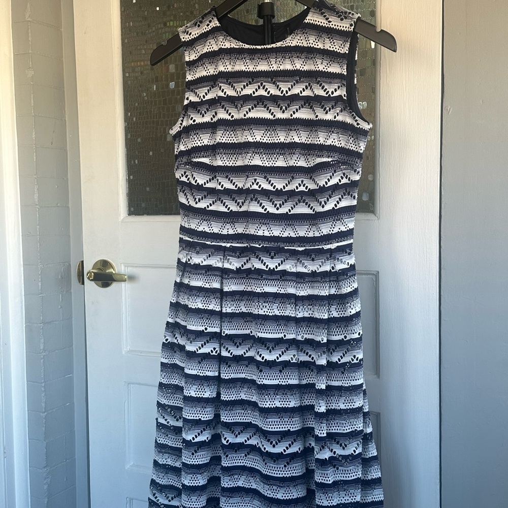 Andrew Marc Blue and White Patterned Midi Dress